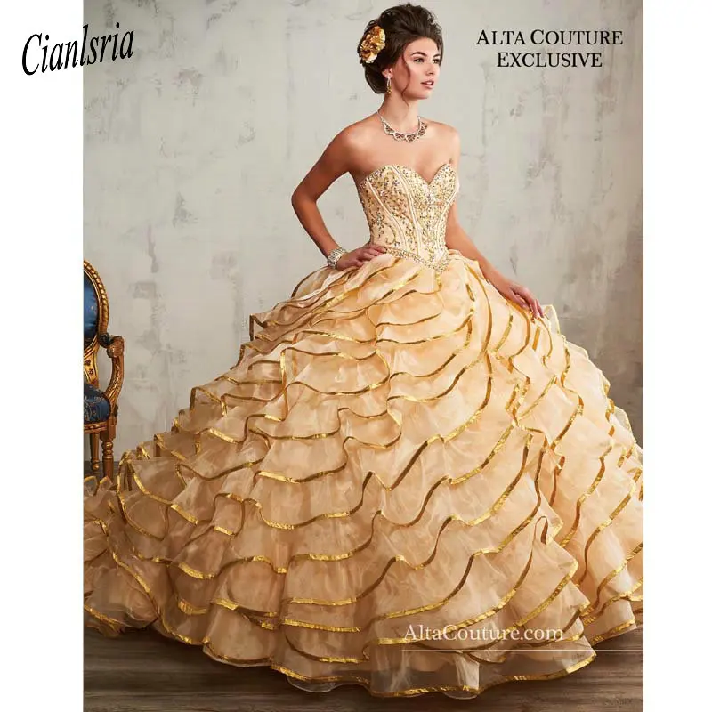 Золотая органза платья для выпускного бисер Кристалл каскадные оборки бальное платье сладкий 16 платье для выпускного вечера Vestidos De 15 Anos - Цвет: same as pic
