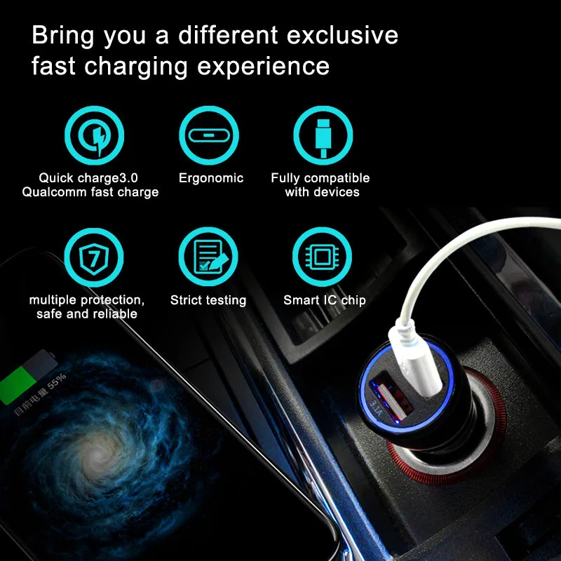 Зарядных порта USB для автомобиля Зарядное устройство Quick Charge 3,0 для iPhone X samsung S10 Xiaomi Mi 9 мобильный телефон быстрая зарядка, автомобильное зарядное устройство QC 3,0 автомобиль-Зарядное устройство