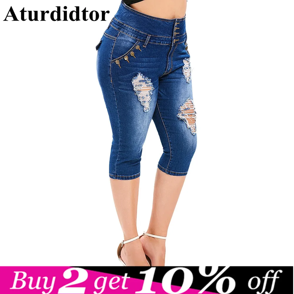 

Plus Size Skinny Capris Jeans Woman Female Stretch Knee Length Denim Shorts Jeans Pants Women With High Waist Bottom Summer 2019