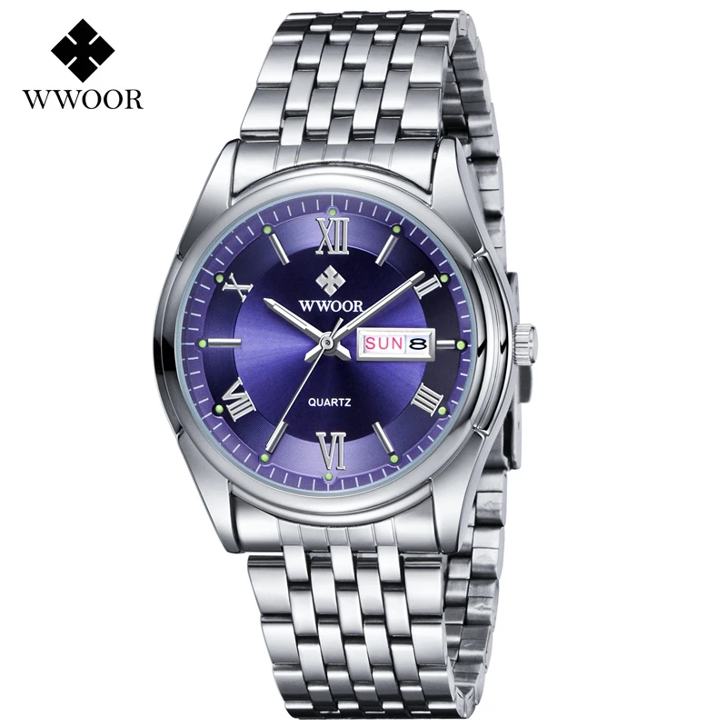 

WWOOR Japan Quartz Men Watch Silver Stainless Steel Watches Auto Date Week Wristwatch Clock Luminous Montre Homme Reloj Hombre