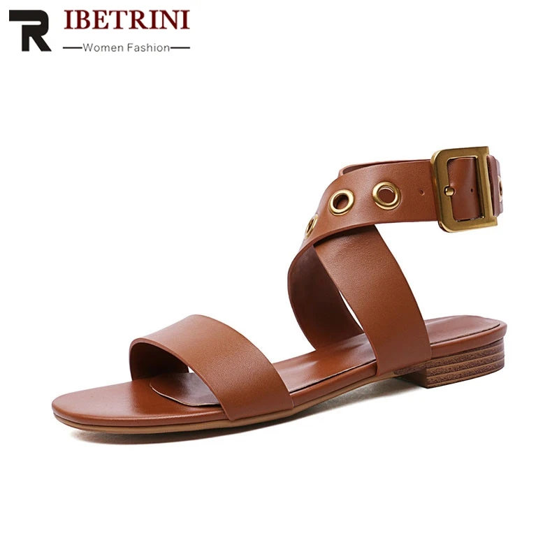 

RIBETRINI Brand New Big Size 33-43 Summer Sandals women's Genuine Leather Women Shoes Woman Casual Party Ol Summer Shoes
