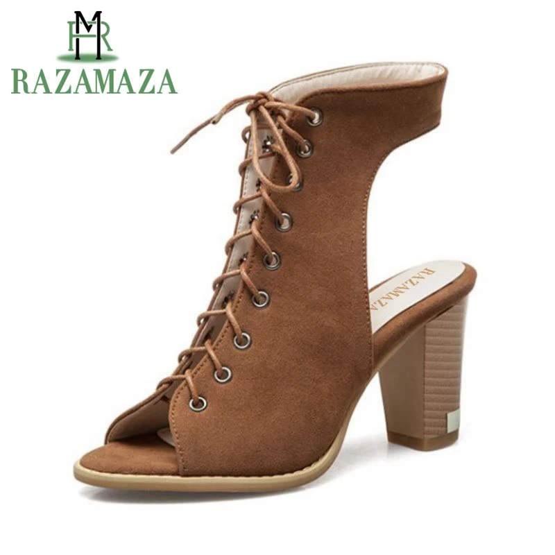 

RAZAMAZA 4 Colors Size 35-50 Gladiator Women High Heel Sandals Women Peep Toe Cross Strap Thick Heel Sandals Summer Shoes Women