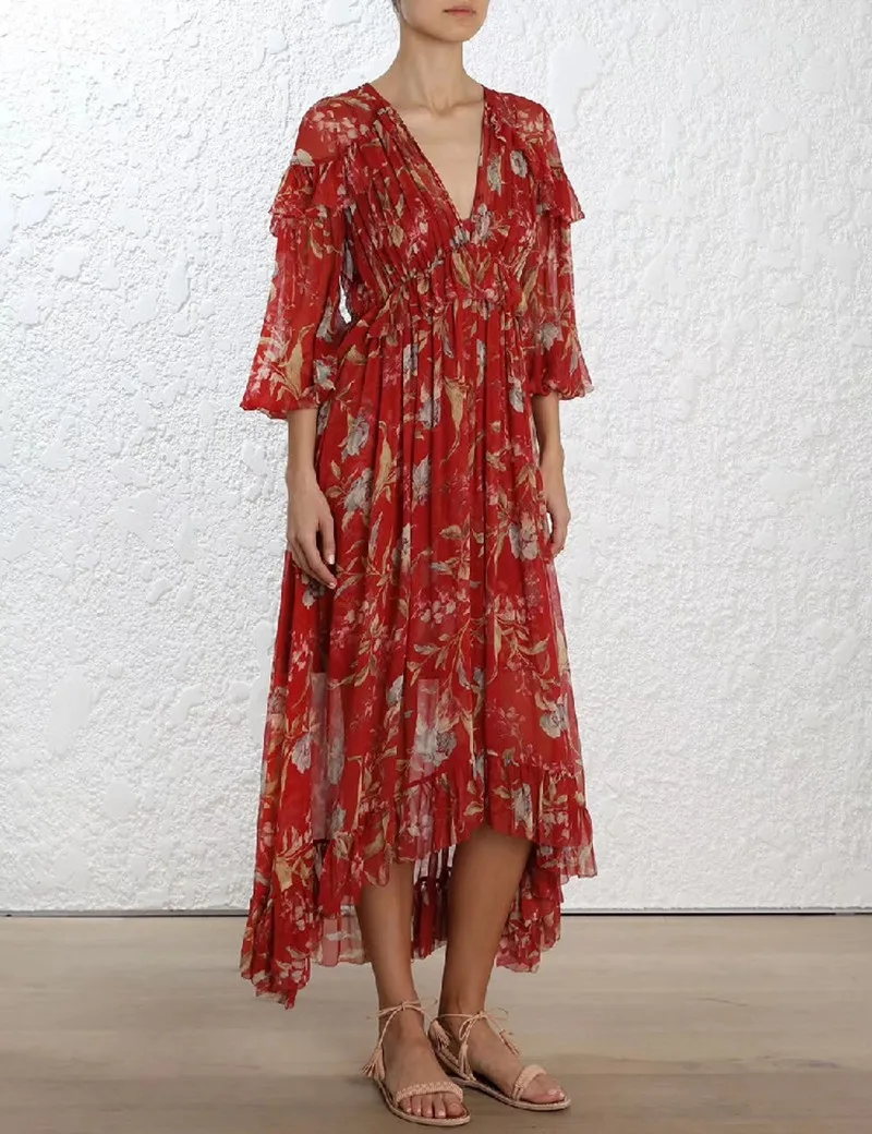 

100% Silk Woman Dress 2018 Spring Summer Red Floral Print Ruffle Long Sleeve Deep V Neck Sexy Slim Midi Dresses For Party
