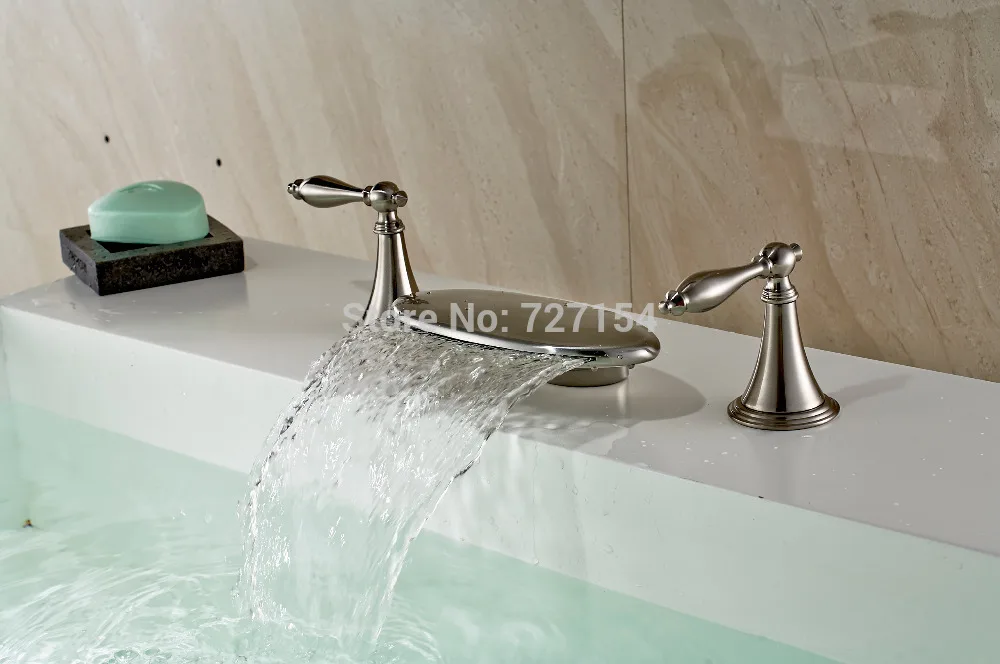 

Free Shipping! Waterfall Spout Basin Faucet Dual Handles Sink Mixer Nickel Brushed Deck Mounted