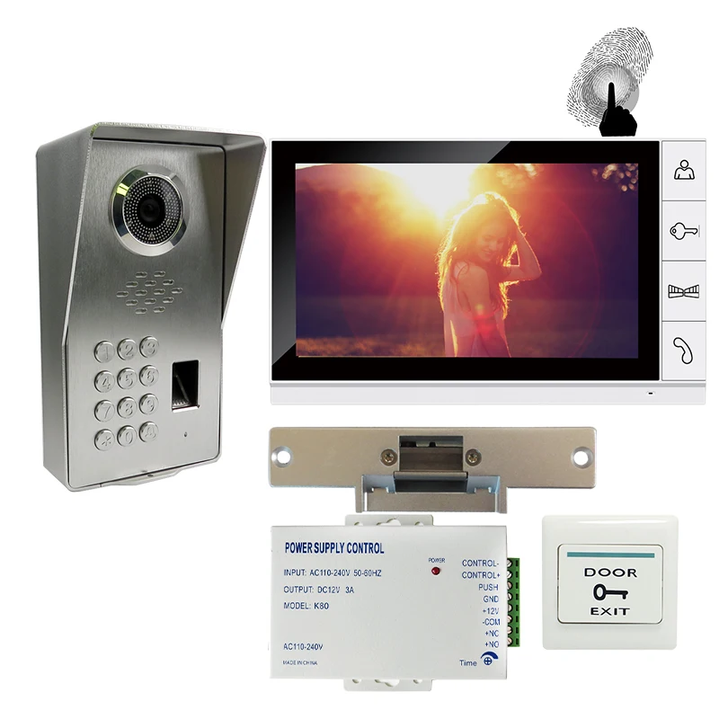 

FREE SHIPPING Fingerprint Code Keypad 9" Monitor Video Door Phone Intercom System + Waterproof Outdoor Camera + Strike Door Lock
