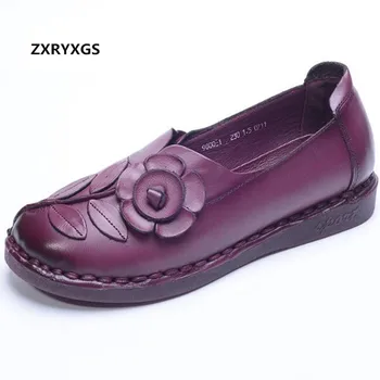 

2019 New Spring Flower Real Leather Shoes Woman Fashion Shoes Genuine Leather Shoes Soft Bottom Non-slip Slip Women Flats Shoes