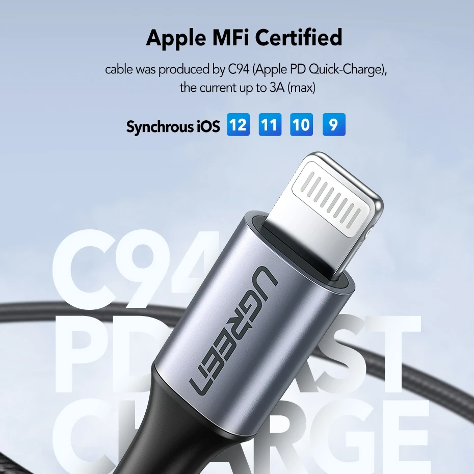 Ugreen MFI certified usb c to lightning charging cable for iPhone xs max xr x 8 7 6s plus 5 ipad pro PD cable fast charger short