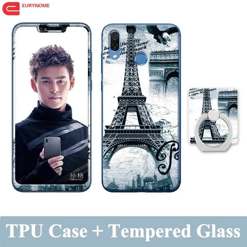 3D Cartoon Case For Huawei Honor Play Tempered Glass Film Finger Ring TPU Kickstand Patterned Cover for case |