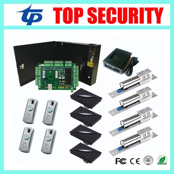 

TCP/IP 4 Doors Access Control System Access Control Panel With RFID Card Reader Electric Bolt Lock And Zinc Alloy Exit Button