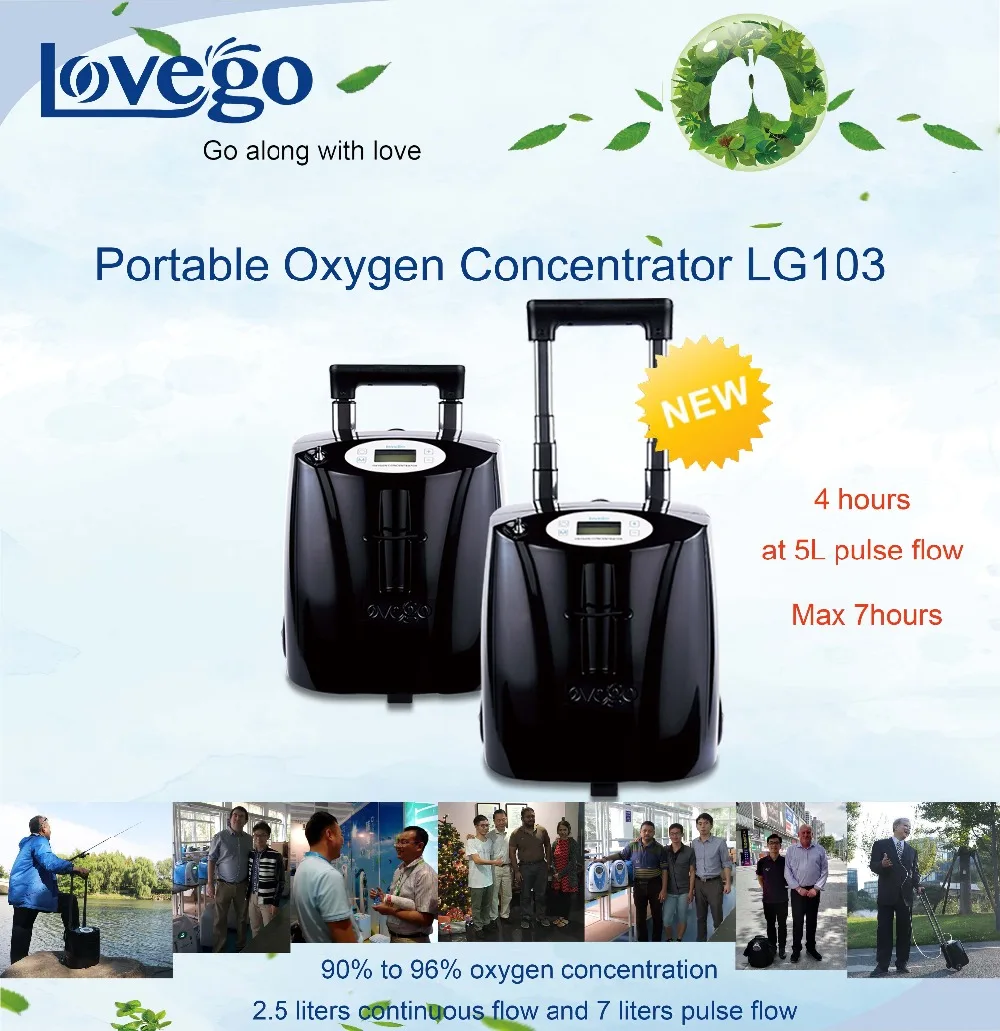 14 часов батареи Lovego медицинского назначения портативный концентратор кислорода LG103 для 7LPM кислородная терапия, 90-96%, 24/7 кислорода