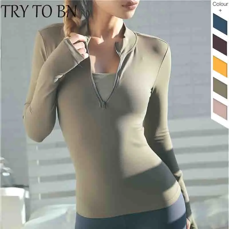 

TRY TO BN 2019 New Women Shirt Fashion Solid Fitness Half Zipper Full-Length Casual High Elasticity Breathable Shirt 5 Colors