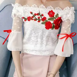 2019 черный и белый женские блузки рубашки топы корректирующие цветок Emboridery Flare рукавом с открытыми плечами кружево блузки для малышек для