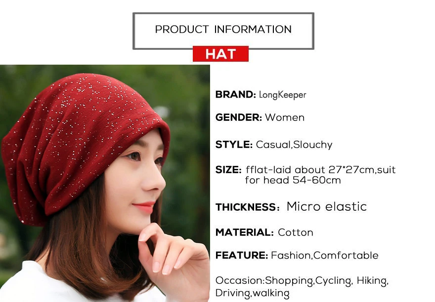 Longkeader, модные женские хлопковые шапочки с блестками, женские черные, красные, темно-синие головные уборы для девушек, шапки в стиле хип-хоп, шапки, TTM-F