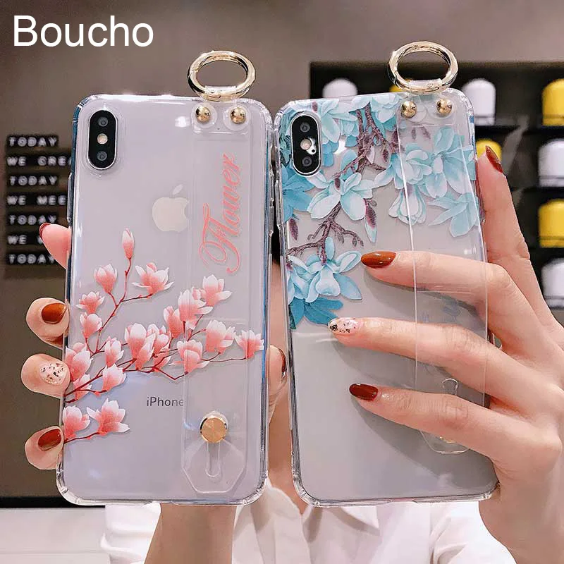 

Boucho Wrist Strap Transparent Phone Case For iphone Xs Max XR X 7 8 6 6s plus Vintage Flower Pattern Holder Cover Soft TPU Case