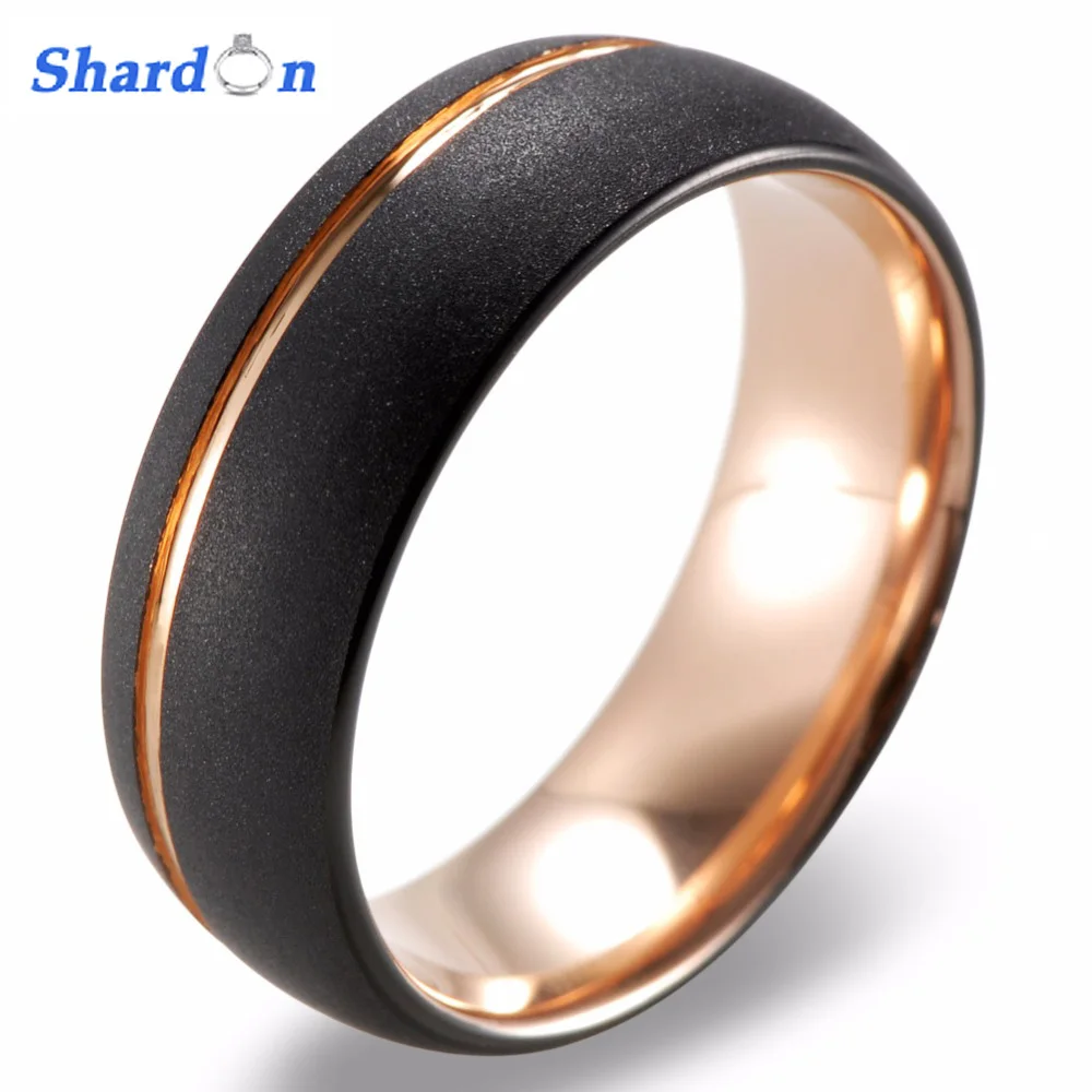 

SHARDON 8mm Men's Gold Groove Black Tungsten Ring Gold inside Sandblasted Crystalline Finish Engagement Promise Ring for Men