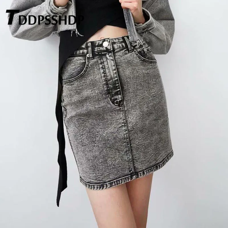 

Grey Color Denim Rock Style Women Skirts Pocket Tight Jeans Fabric High Street Female Skirt