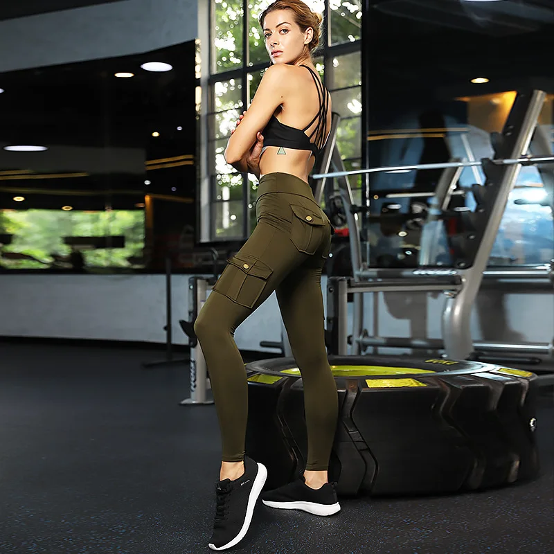 

Women Solid Army Green Yoga Pants With Pockets Sport Leggings Fitness Trousers Gym Clothes Training Running Compression Tights