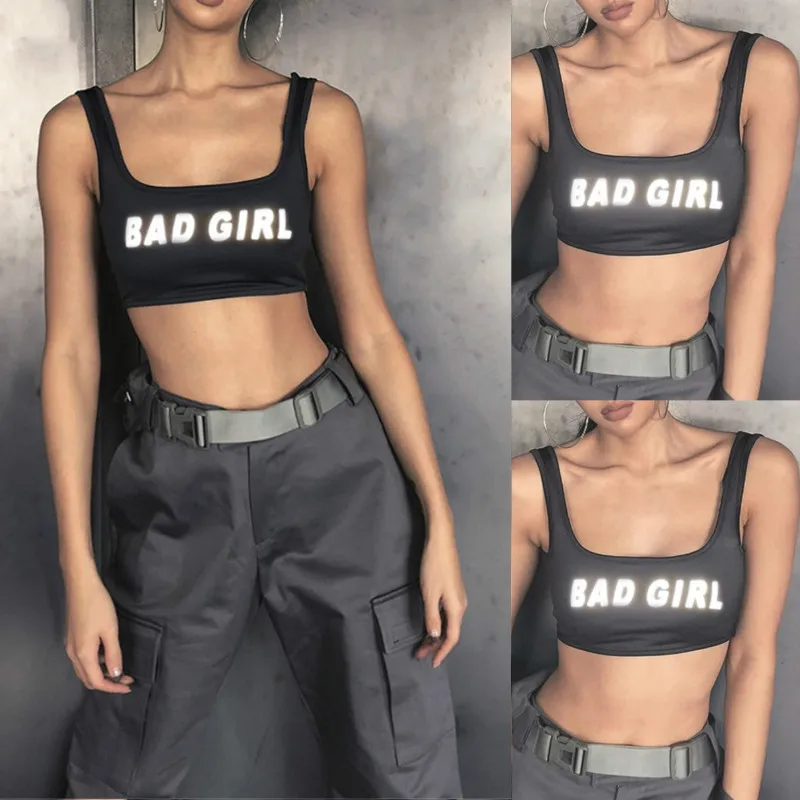 

2019 Fashion Women Summer Vest Top Letter Reflection Sport Fitness U-Neck Sleeveless Crop Tops Sexy Female Short Tops Shirts