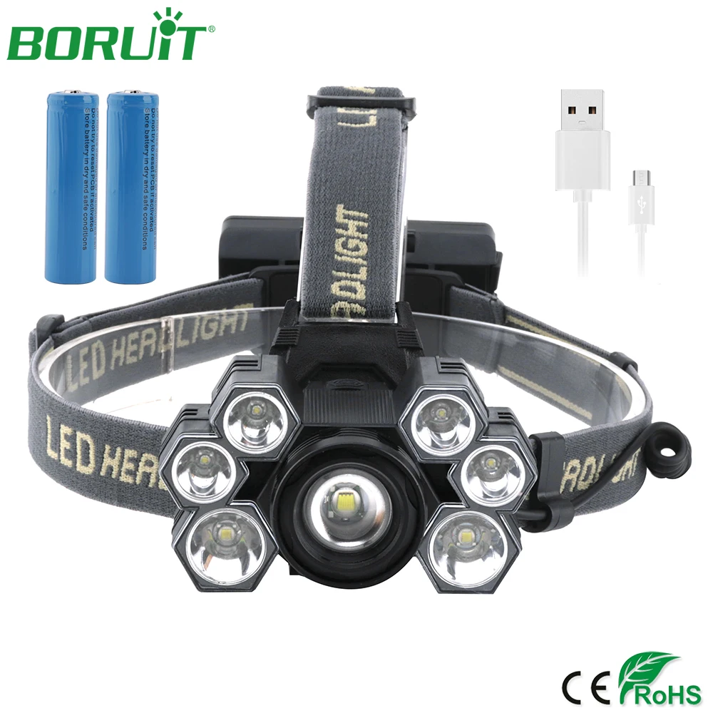 

BORUiT Super Bright 7 LED Headlamp USB Rechargeable Zoomable Flashlight Waterproof Camping Hunting Lanterns Head Torch 18650