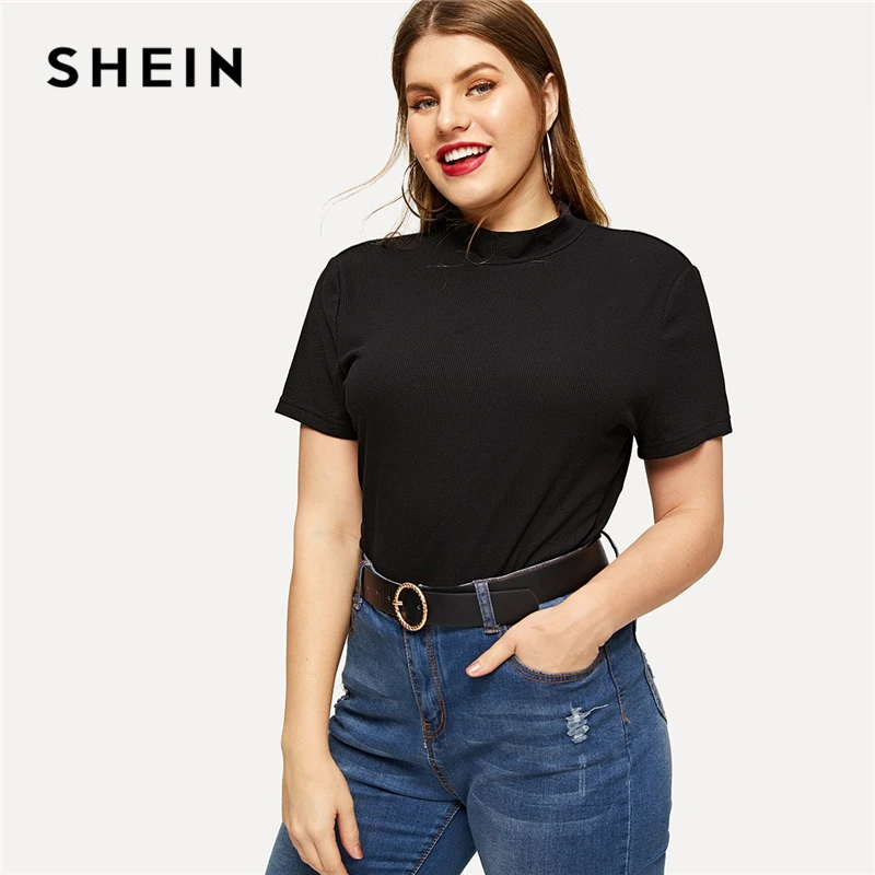 Download SHEIN Black Plus Mock neck Knitted Slim Fitted Tee Solid ...