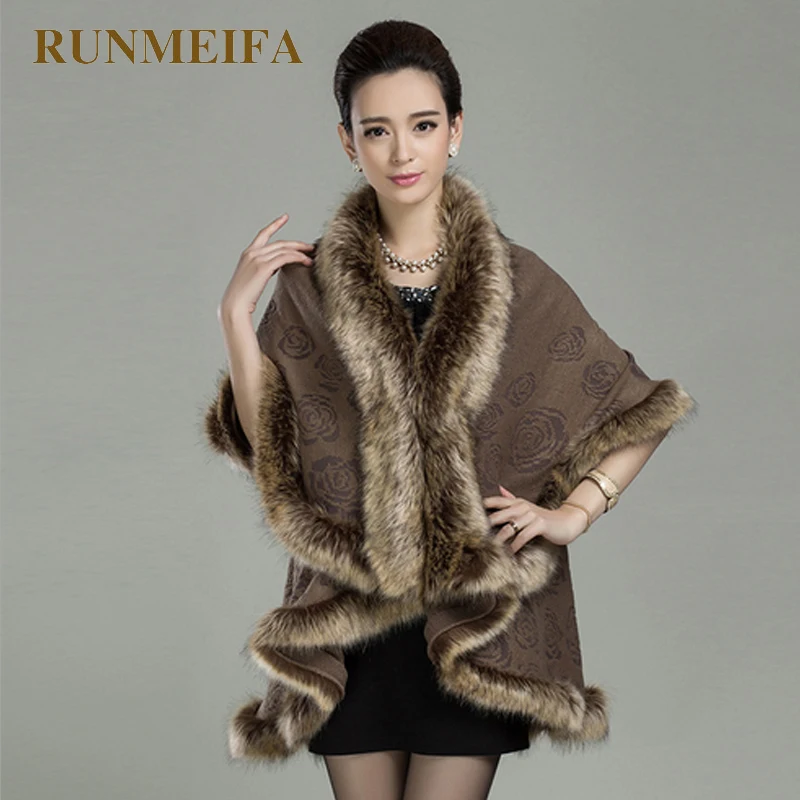 

2019 High Quality wool Cashmere Faux Fur Coats winter Women Poncho Cardigan warm thick blanket scarf female shawls and wraps