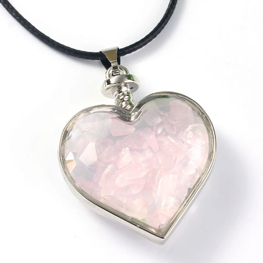 100-уникальный посеребренный романтическое сердце бутылка желаний натуральный розовый кварцевый кристалл кулон элегантные женские ювелирные изделия