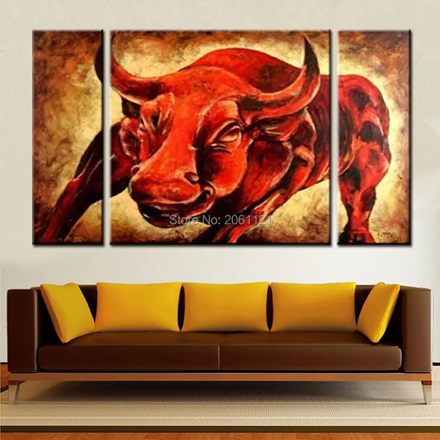 

hand painted fighting red Angry excited running bull canvas oil painting Bullfighting wall art picture artwork wall decoration