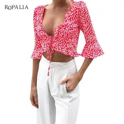 ROPALIA Для женщин 2018 рубашки мода печатных Sexy v-образным вырезом Flare рукавом повязки blusas Плюс Размеры Feminina S-XL