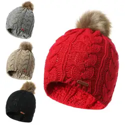 Осень Зима для женщин вязаная шапка с искусственный мех помпоновая шапочка теплая уличная повседневное кепки JL