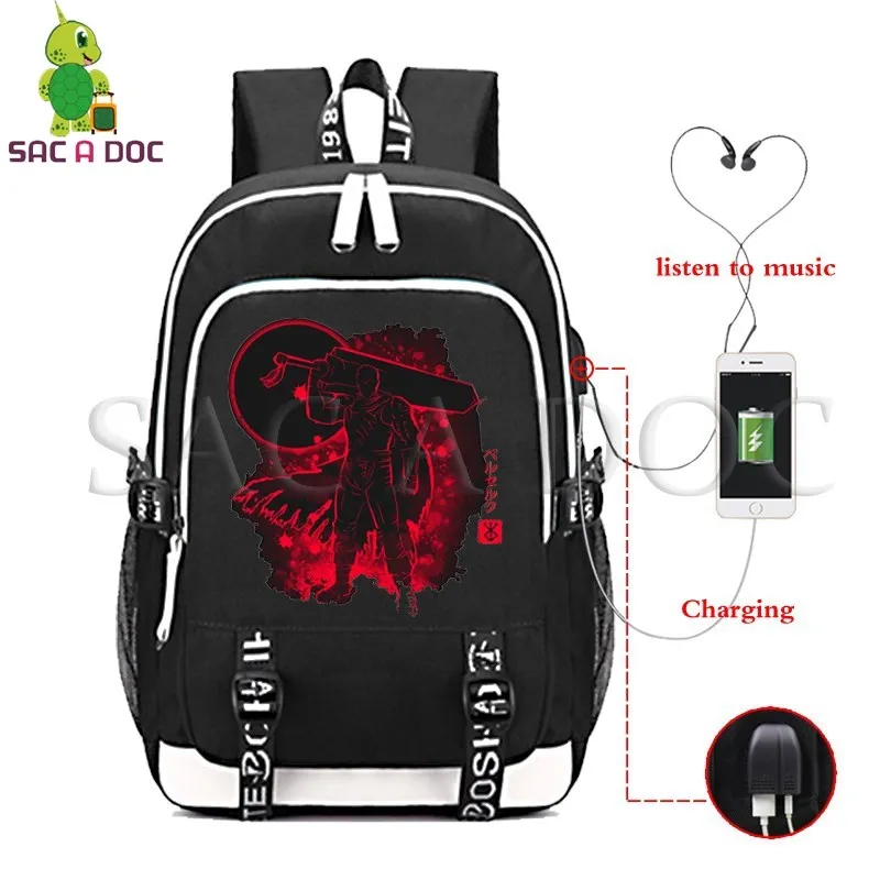 

Anime Berserk Guts Fluorescence Backpack Women Men Multifunction USB Charging Laptop Backpack for Teenagers School Travel Bags