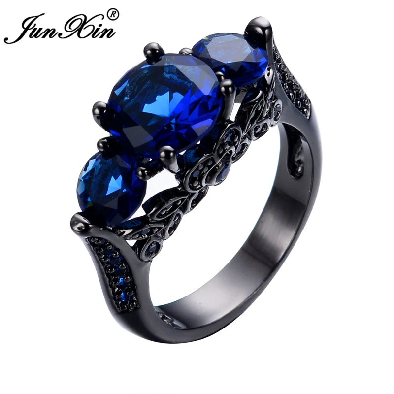

JUNXIN Fashion Blue Zircon Rings For Men And Women Black Gold Filled Jewelry Vintage Wedding Party Gifts Ring Anel