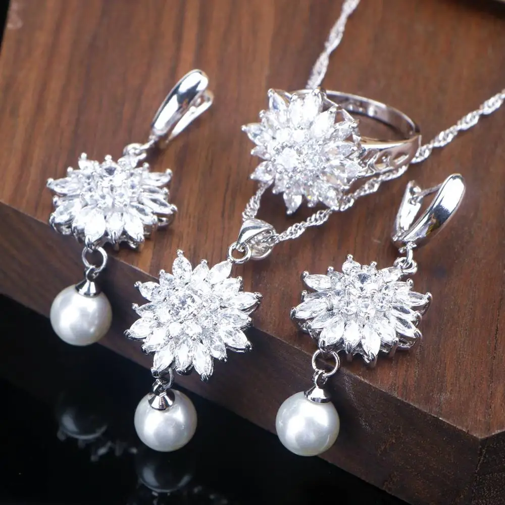 Ювелирные наборы из жемчуга и циркония, серебро 925, кольцо, ожерелье, серьги для женщин, 3 цвета, дизайнерский ювелирный набор, подарочная коробка - Окраска металла: white