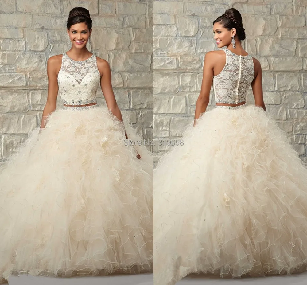 Elegant Beige Color Ball Gown Two Pieces Cheap Quinceanera Dresses 2015