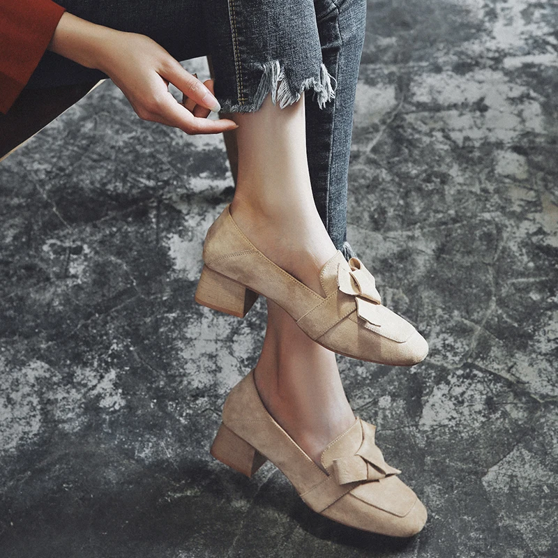 

MYCORON 2018 Woman Minimalist Design Leather Loafers Square Toe Causal Shoes Breathable Slip-On Shoes Zapatos Mujer Tacon