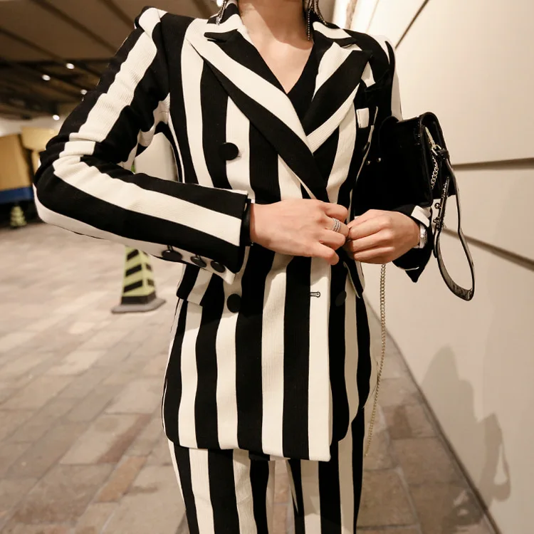 Business suits ladies Slim-fit striped long-sleeved blazer Pants suit High quality office work women's suit Two-piece set 2019