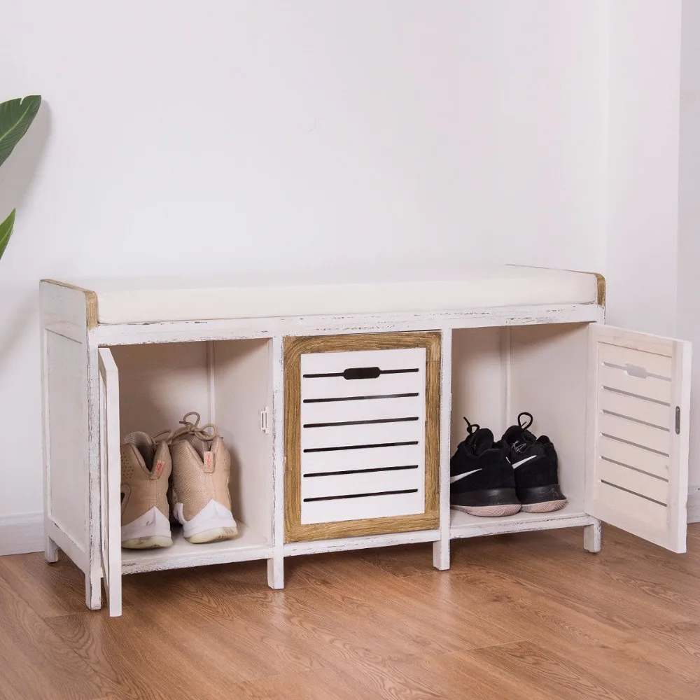 Giantex Shoe Stool Storage Bench 3 Storage Organizer Bench Cushion Seat Ottoman Hallway Living Room Furniture HW57056