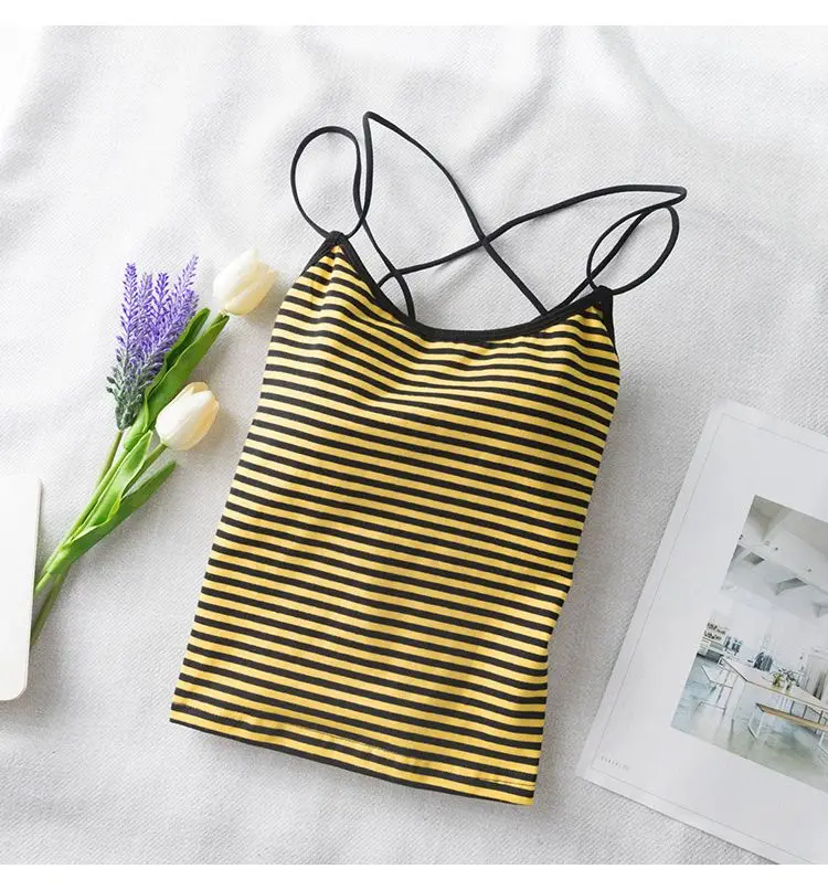 YELLOW Striped Новинка, сексуальный женский бюстгальтер с вырезами, в полоску, бюстье, короткий топ, без косточек, с ремешками, с перекрестными ремешками, Обрезанные, Blusas, бандаж, Холтер, черные топы, топики - Цвет: YELLOW Striped