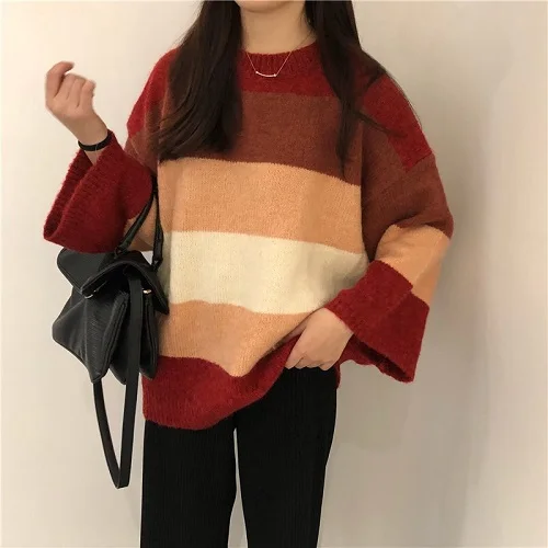 Charm Red Striped Полосатый свитер Женский Уличная трикотажный пуловер с круглым вырезом растягивающийся теплый осенний женская зимняя одежда - Цвет: Charm Red Striped