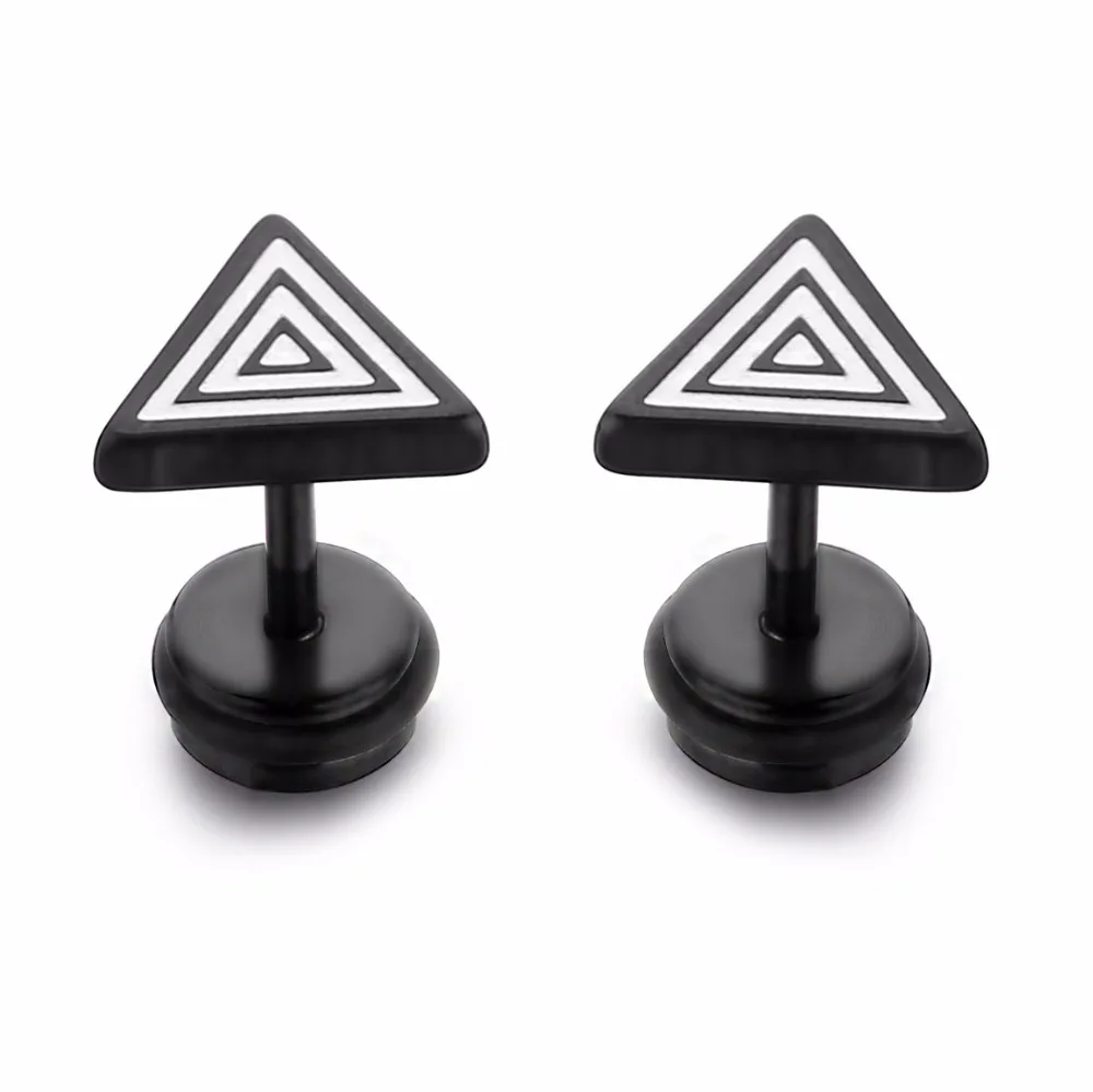 Unisex Vintage Black Triangle Stud Earrings Silver Geometric Shape Stud Earrings Jewelry for Man