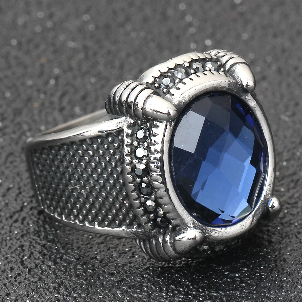 Personalized Cool Men Blue Stone Crystal Rings Stainless Steel Wedding Rings for Men Jewelry 18mm Wide Rings Jewelry Size7-12