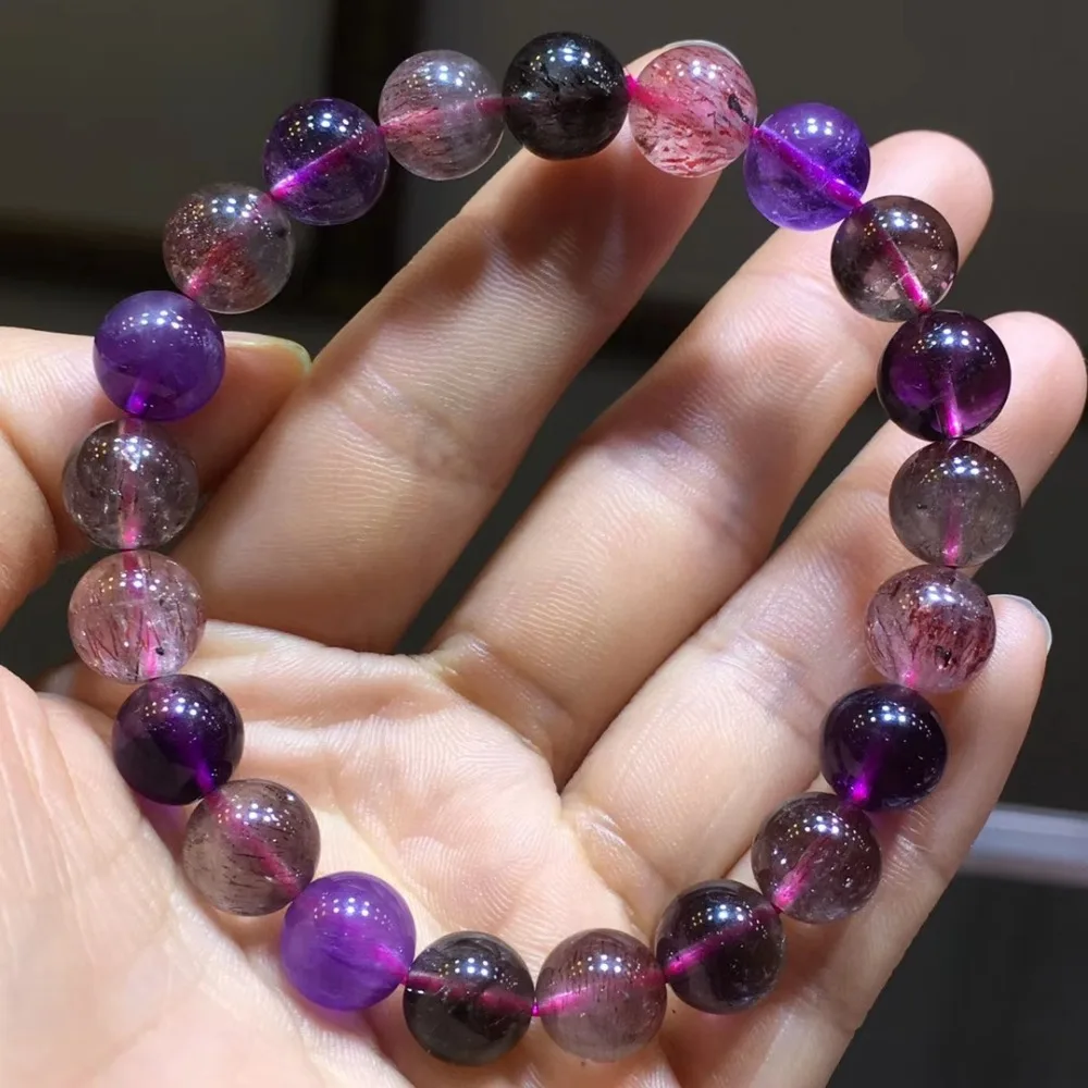 

Natural Super Seven 7 Lepidocrocite Purple Rutilated Quartz 9mm Woman Man Healing Round Beads\ Bracelets AAAAA Certificate