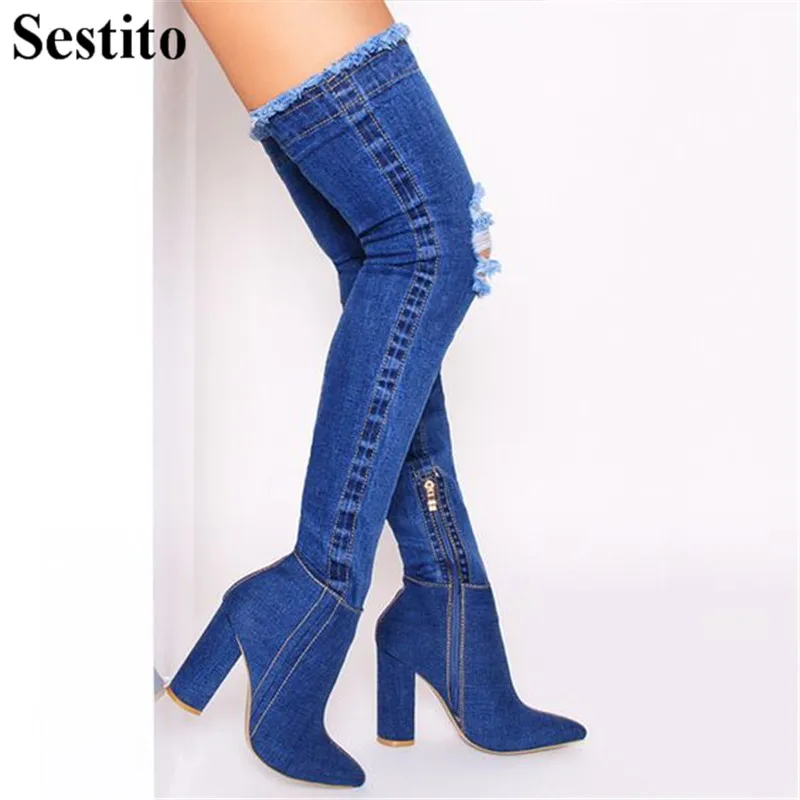 Foro Modo Del Toe Round Scarpe Da Punta Di Lunghi Rotonda the Donne Toe High Heel Zip peep Super ginocchio Le Stivali Donna Tacchi Denim Over Per Europea Zoccolo 35Ajqc4RL