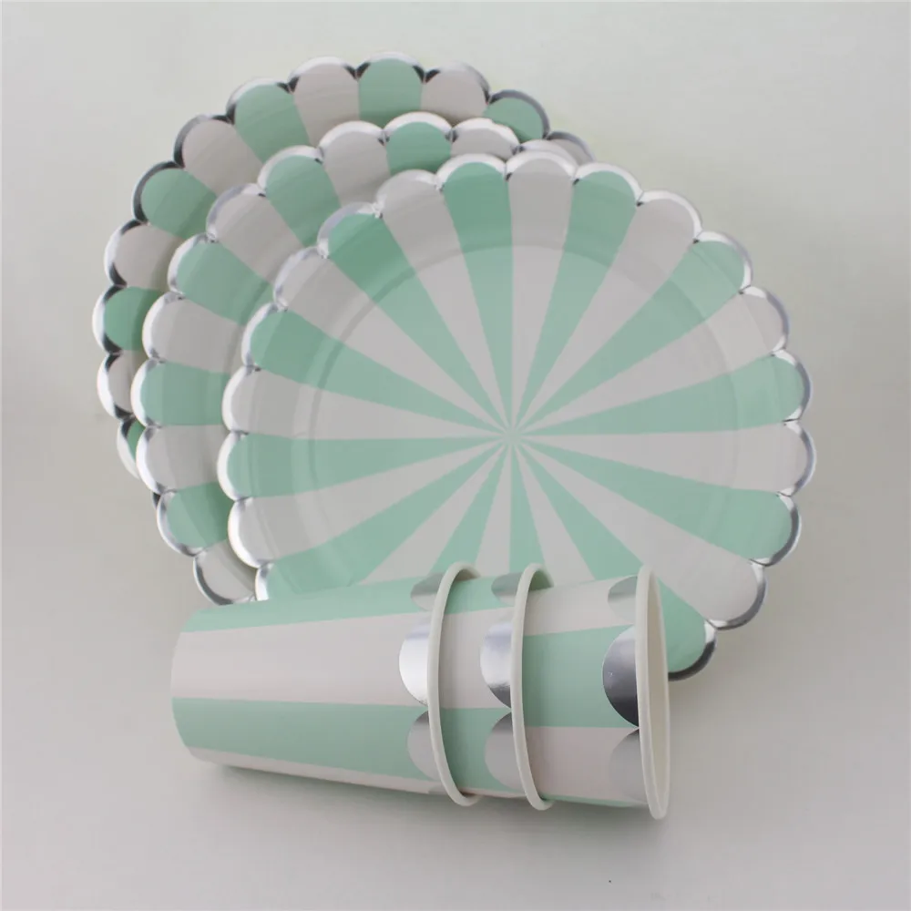 

Mint Green Striped Dinner Paper Tableware Wedding Party Decoration Paper Plates Cups Napkins Birthday Baby Shower Party Supplies