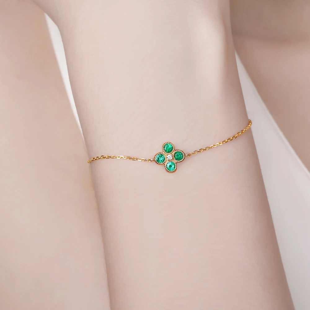 Caimao Jewelry 0.53ct Natural Emerald & Diamond 18k Yellow Gold Engagement Chain Bracelet