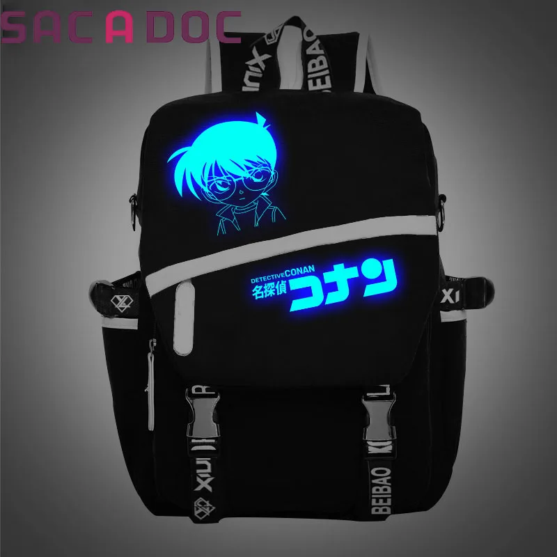 

Detective Conan Canvas Backpack Kudou Shinichi Luminous Backpacks Anime School Bags for Teenage Girls Book Bag