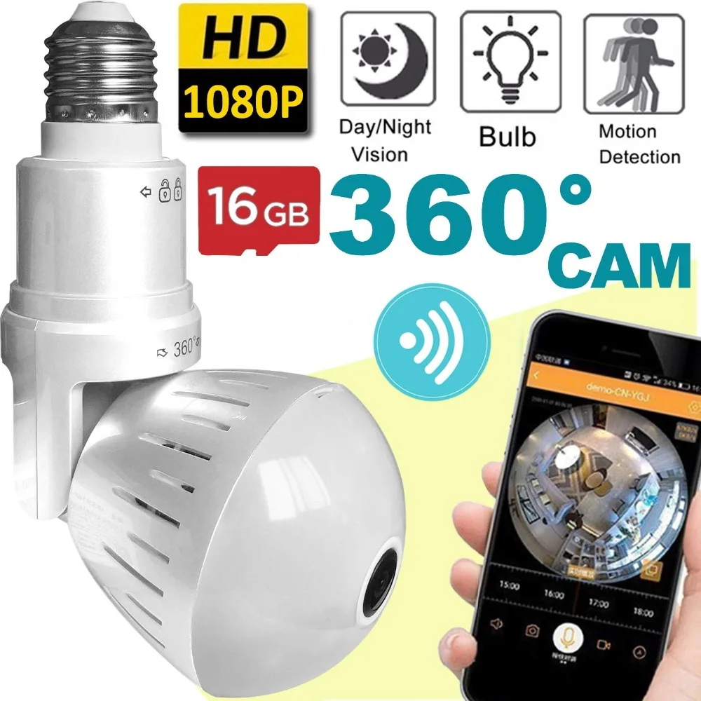

NEW 360 Video Camera Motion Detection Bulb Light Smart Cameras For Home Security 1.3MP 960P Panoramic Fisheye WIFI Video Camera
