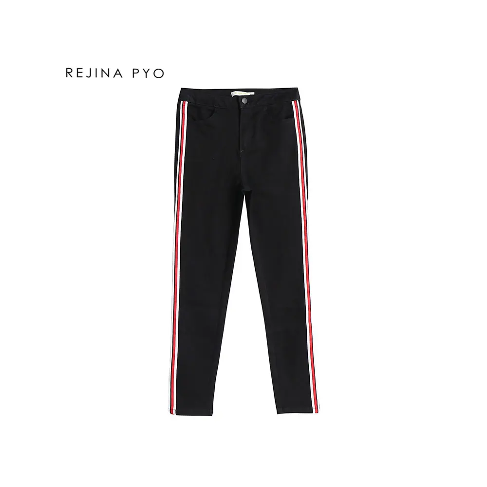 

REJINAPYO Women Fashion Side Striped Stretching Pencil Ankle-Length Pant High Waist Female Casual Black Vintage Style Trouser