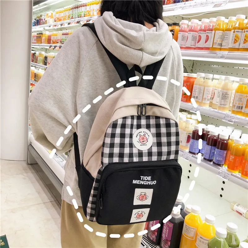 Harajuku, короткий сетчатый рюкзак, белый, черный, женский, для путешествий, клетчатый рюкзак, Sirt Cantasi, для студентов, Холщовая Сумка через плечо, Mochila
