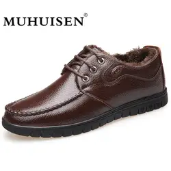 MUHUISEN/зимние натуральная кожа Для мужчин повседневная обувь классические Кружево на шнуровке ботильоны коровьей мужской Обувь на теплом