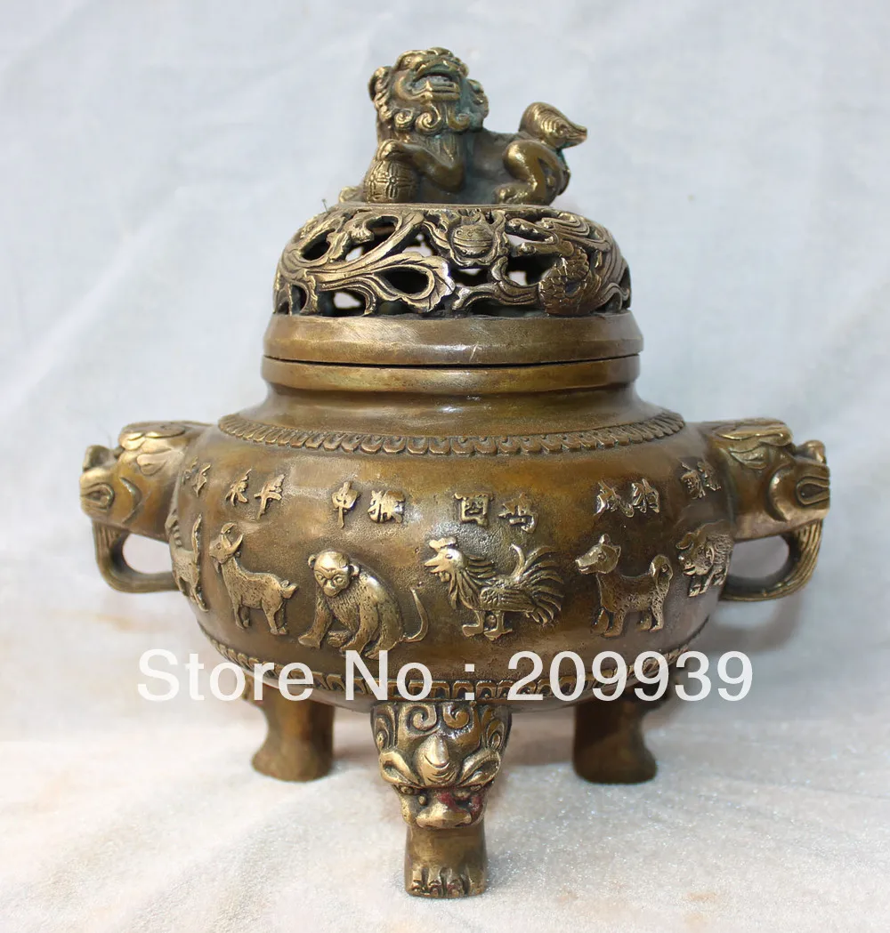 

free shipping 00745 8" Marked Chinese Bronze 12 Animals Dragon Lon Horse Sheep Incense Burner Censer